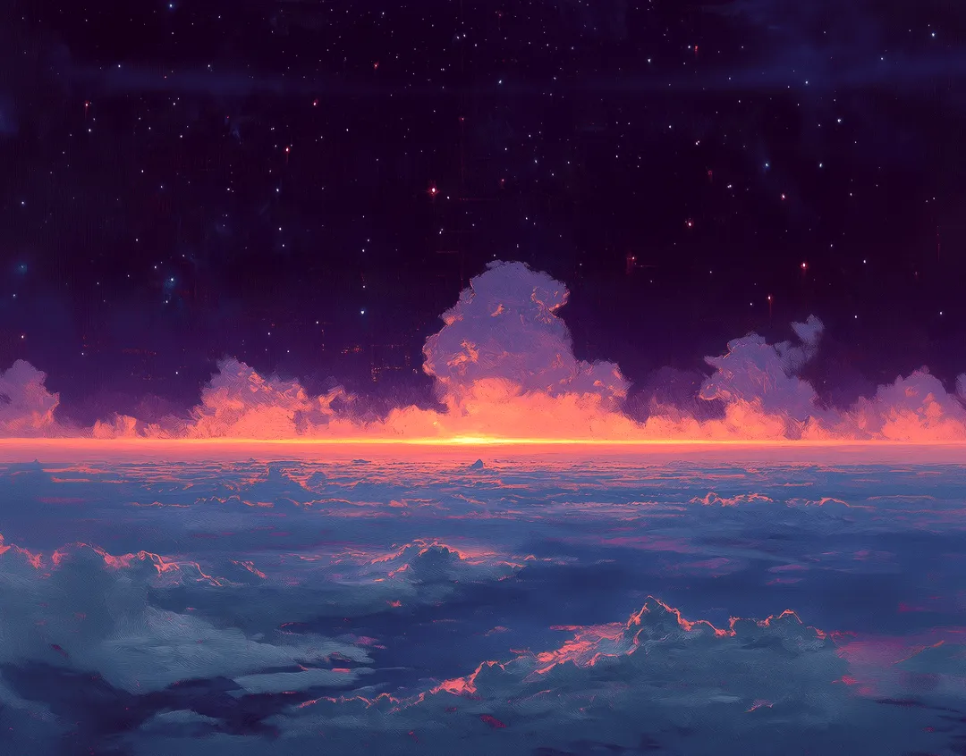 Digital artwork of a glowing sunset horizon above cloud tops under a star-filled night sky.