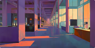 Sunlight casting long shadows in a modern office corridor with desks and computer monitors.