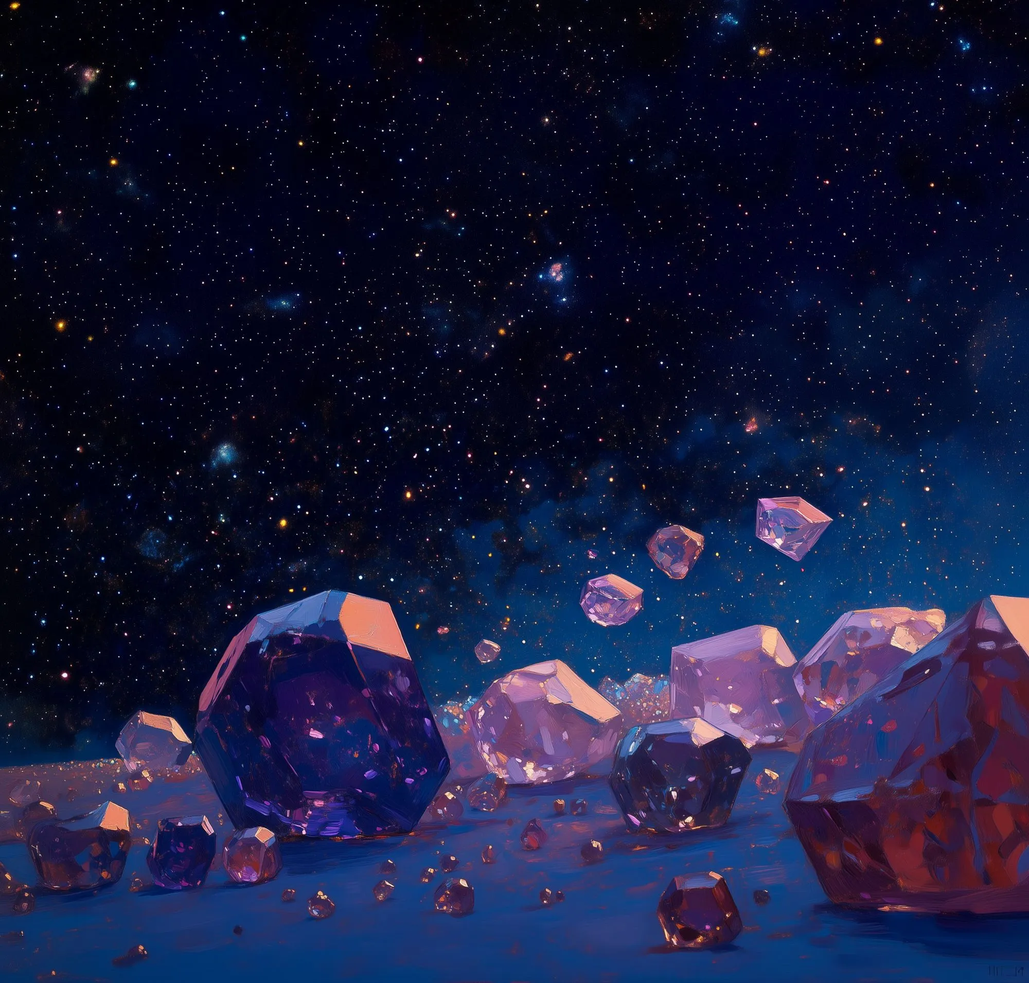 Large purple and pink crystals scattered on a blue surface with a star-filled night sky background.