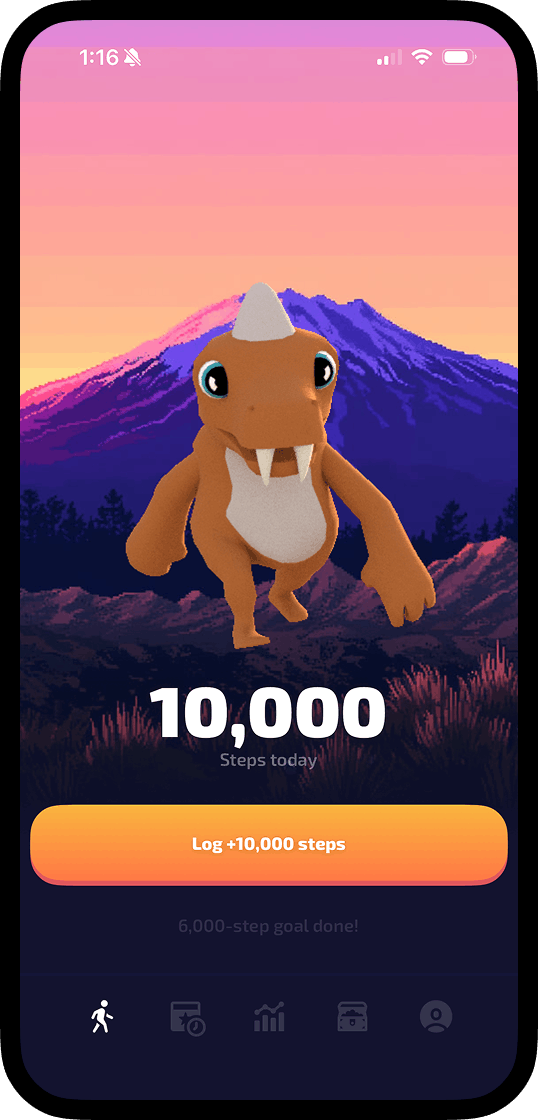 Gamified step counter with 3D dinosaur avatar. Screenshot from Explora.