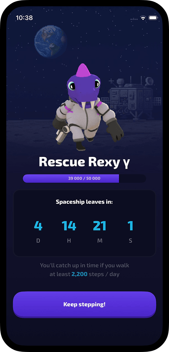 Gamified step challenge with 3D dinosaur avatar. Screenshot from Explora.