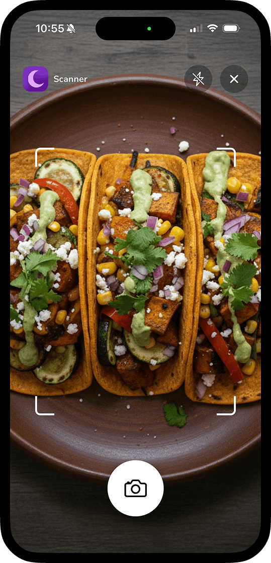 Smartphone camera scanning a taco meal. Screenshot from Selena.