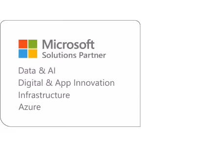 Microsoft Solutions Partner badge with focus areas: Data & AI, Digital & App Innovation, Infrastructure, and Azure.