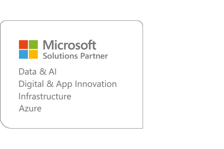 Distintivo de socio de soluciones de Microsoft con áreas de enfoque: datos e inteligencia artificial, innovación digital y de aplicaciones, infraestructura y Azure.