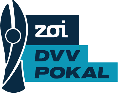 Blue DVV POKAL logo with stylized trophy shape and the word zoi on top.