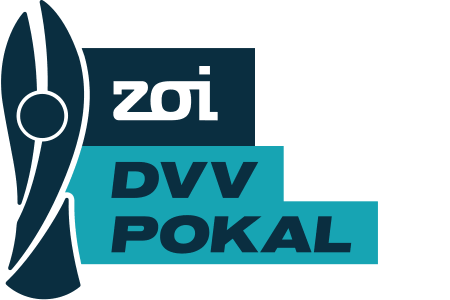 Logotipo azul de la DVV POKAL con forma de trofeo estilizado y la palabra zoi en la parte superior.