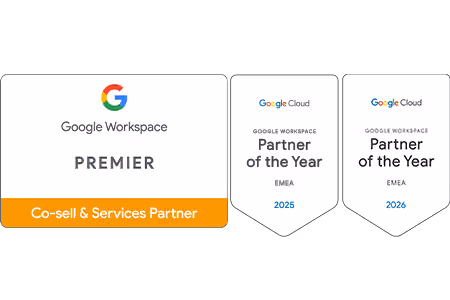 Google Workspace Premier Co-sell & Services Partner badge and Partner of the Year EMEA awards for 2025 and 2026.