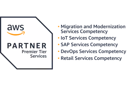 AWS Partner Premier Tier Services badge with listed competencies in migration, IoT, SAP, DevOps, and retail.