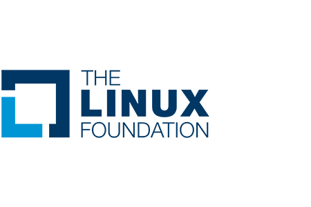 Linux Foundation-Logo mit blauem Quadrat und stilisiertem Text.