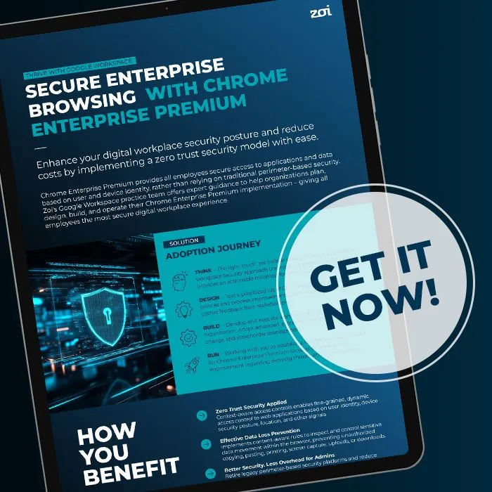 Banner promoting secure enterprise browsing with Chrome Enterprise Premium and zero trust security.