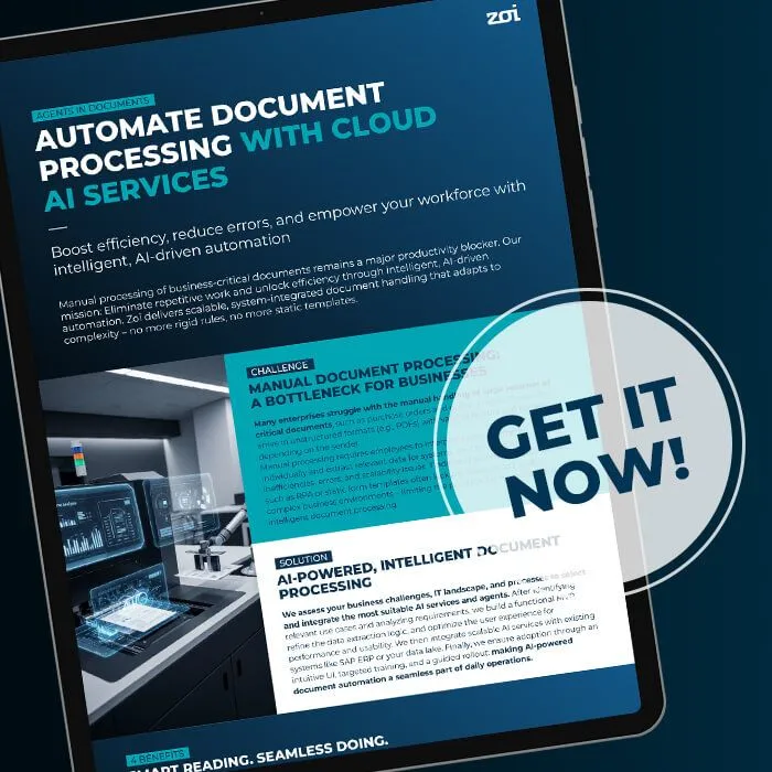 Tablet screen showing ad about automating document processing with cloud AI services and a 'Get It Now!' button.