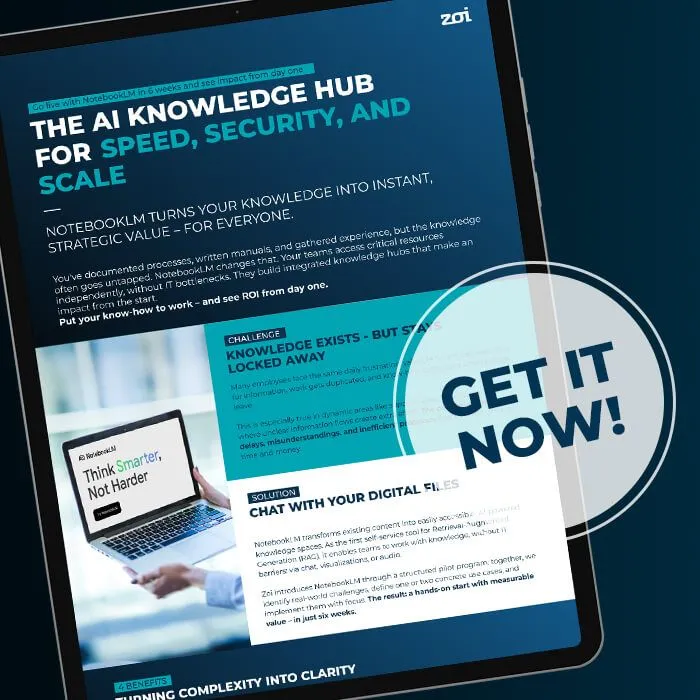 Tablet, auf dem die KI Knowledge Hub-Anzeige für Geschwindigkeit, Sicherheit und Skalierbarkeit angezeigt wird, mit einem JETZT HERUNTERLADEN! Schaltfläche.