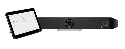 Poly Studio video conferencing camera with touchscreen control panel showing meeting info.