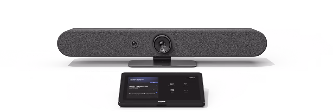 Logitech-Videokonferenzleiste mit Kamera und Touchscreen-Controller.