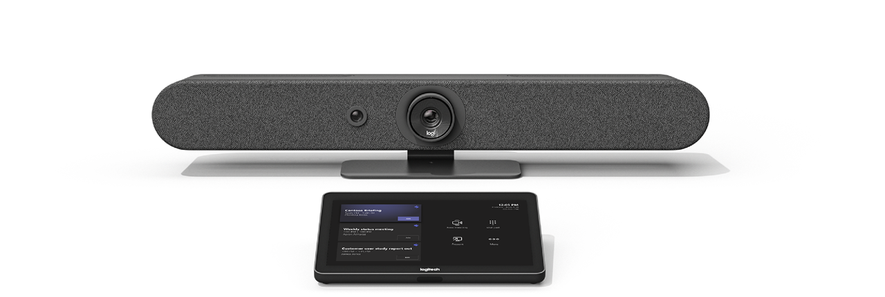 Logitech video conference bar with camera and touchscreen controller.
