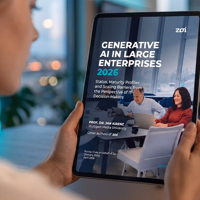 A person holding a tablet displaying a report titled Generative AI in Large Enterprises 2026.