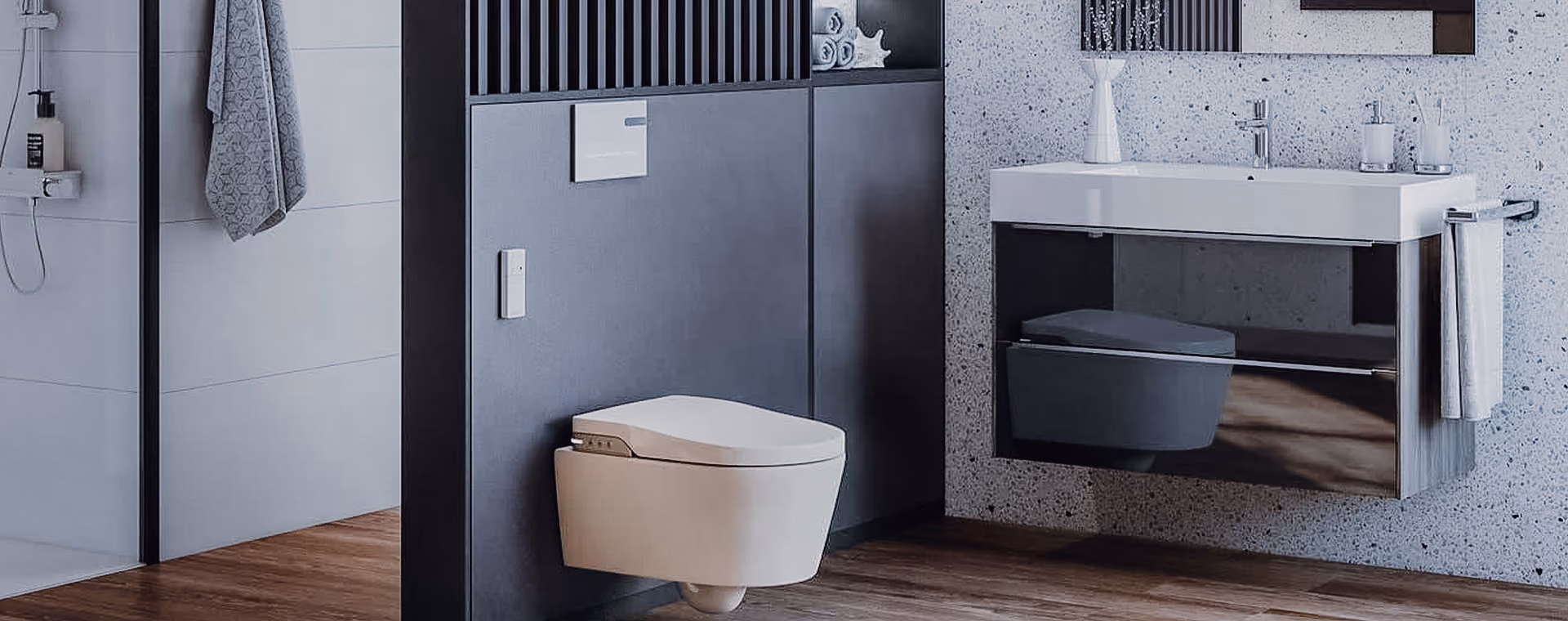 Modernes Badezimmer mit Wandtoilette, dunklen Schränken, einem Waschbecken und einem Glasduschbereich.