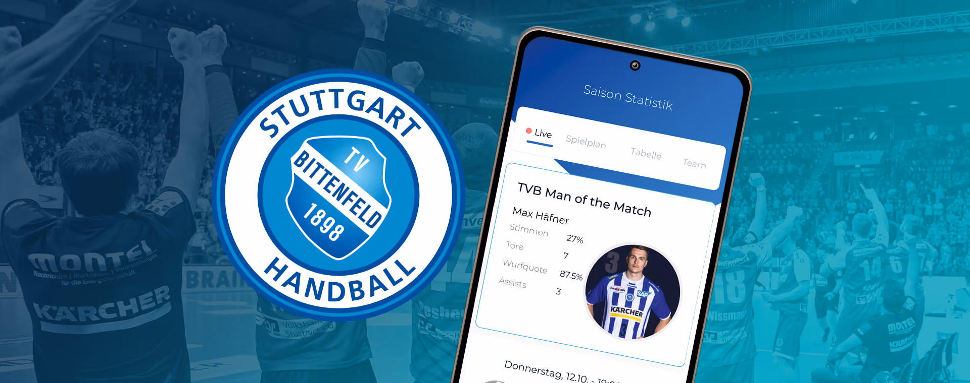Stuttgart Handball TV Bittenfeld logo next to a mobile screen showing player Max Häfner's match stats.