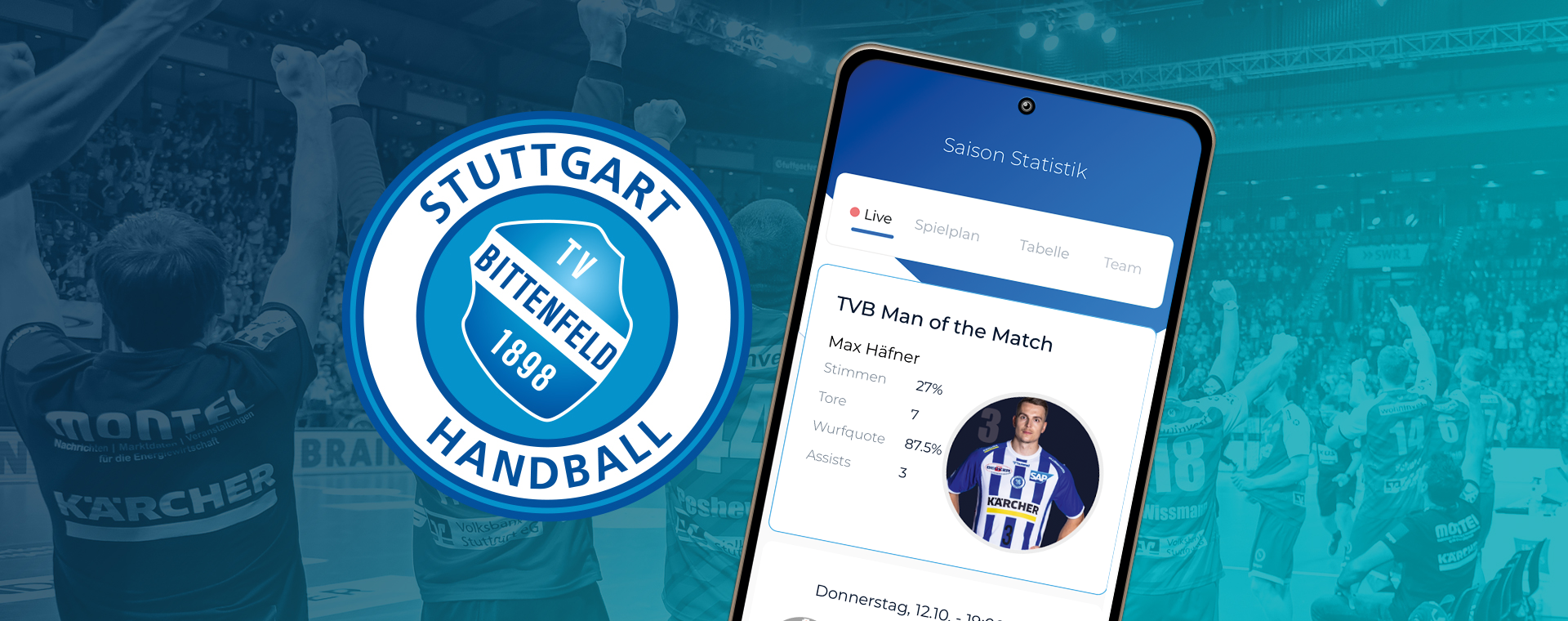 Logotipo de Stuttgart Handball TV Bittenfeld junto a la pantalla de un móvil que muestra las estadísticas del partido del jugador Max Häfner.