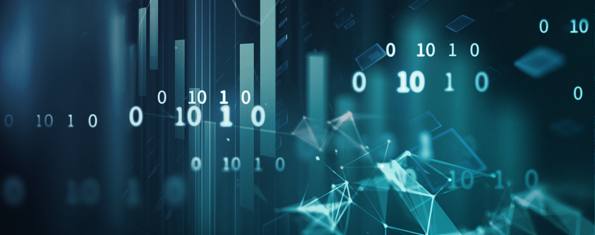 Abstrakte digitale Datenvisualisierung mit Binärcode und geometrischen Netzwerklinien in Blautönen.