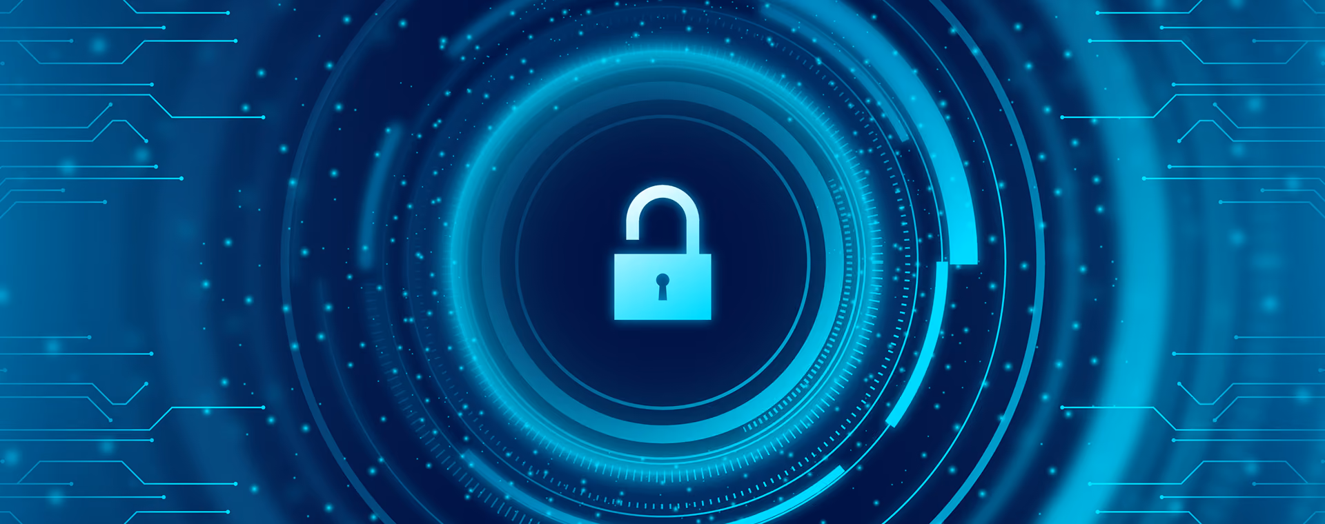 Glowing unlocked padlock in center of blue digital circuit background with circular futuristic design.