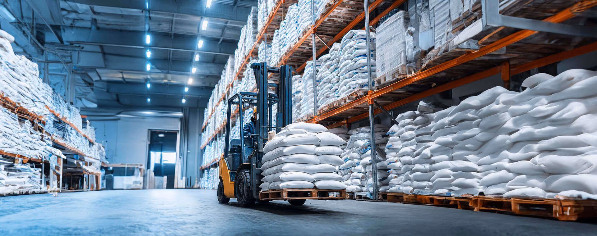Forklift in warehouse carrying pallets stacked with white bags, surrounded by shelves of similar bags.