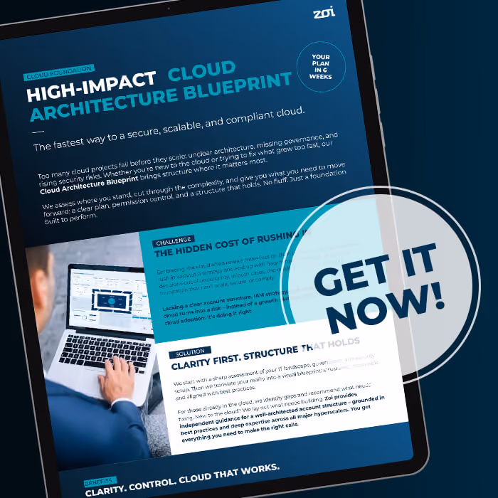 Tablet screen showing a cloud architecture blueprint with text and a person using a laptop, overlaid 'Get it now!'