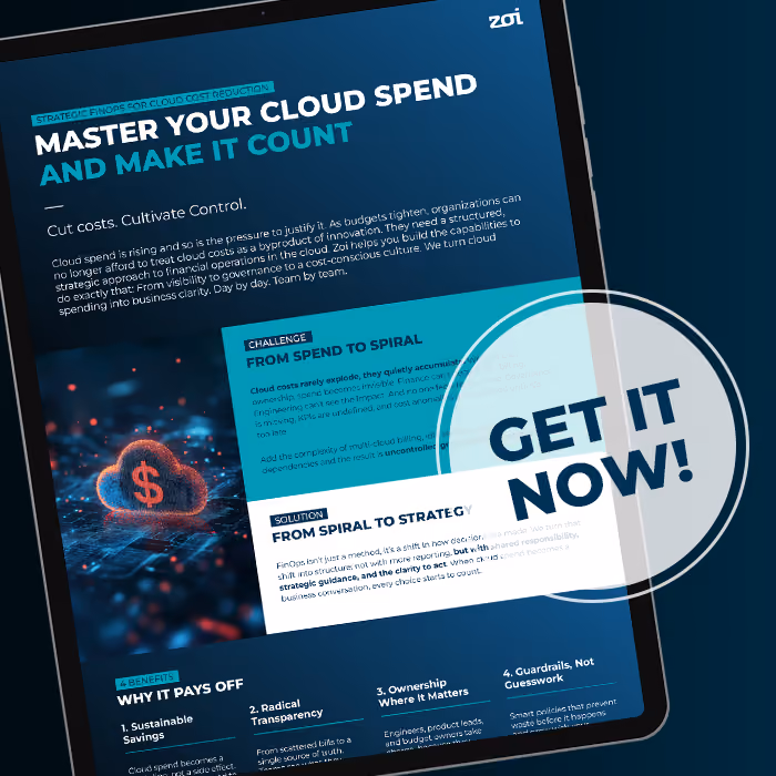 Tablet-Bildschirm mit einem Flyer mit dem Titel Master Your Cloud Spend and Make It Count mit Tipps zum Cloud-Kostenmanagement.