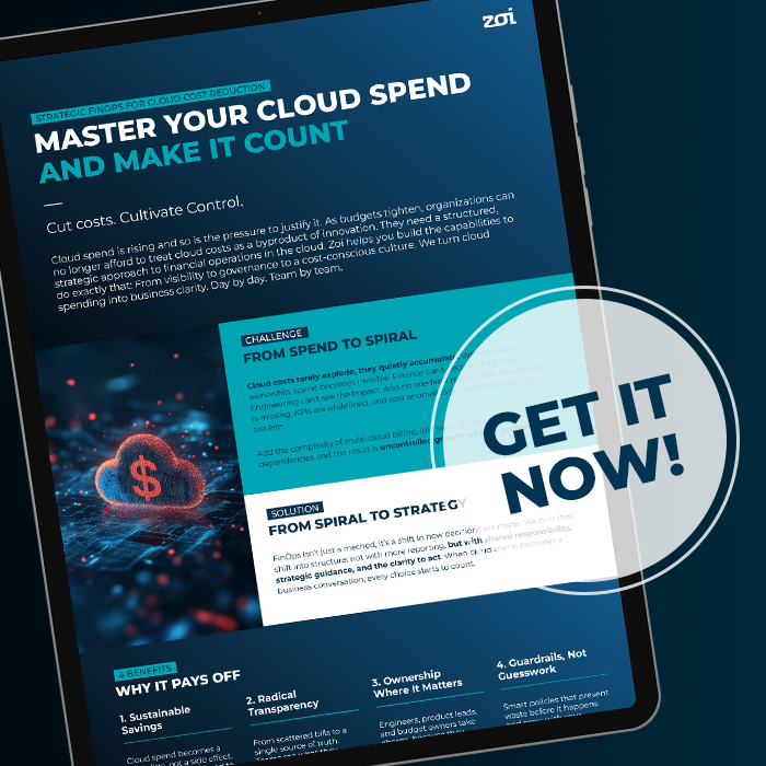 Tablet-Bildschirm mit einem Flyer mit dem Titel Master Your Cloud Spend and Make It Count mit Tipps zum Cloud-Kostenmanagement.