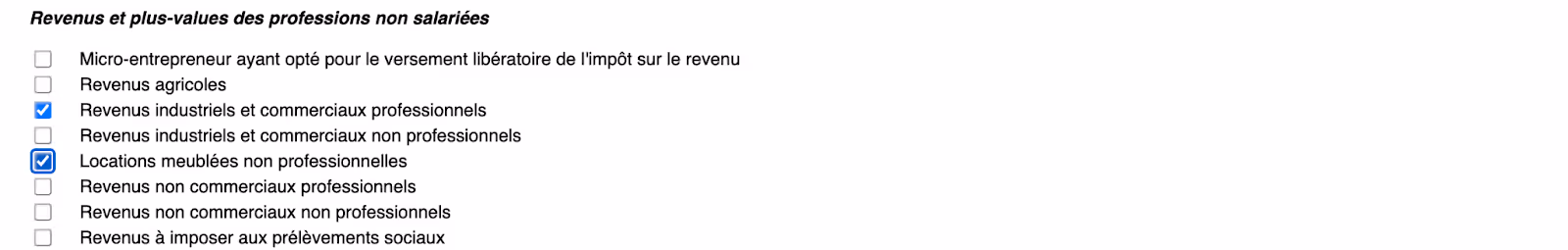 tuto : remplir sa déclaration de revenu ; screenshot case de formulaire ; locations meublés non professionnelles, revenus industriels et commerciaux professionnels et loueur meublé professionnel