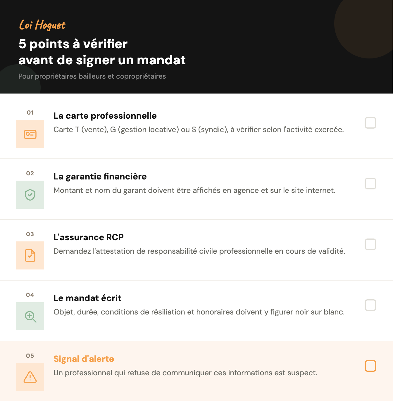 Infographie Manda résumant les 5 points de la loi Hoguet à vérifier avant de signer un mandat : carte professionnelle (T, G, S), garantie financière, assurance RCP, mandat écrit et signaux d'alerte.