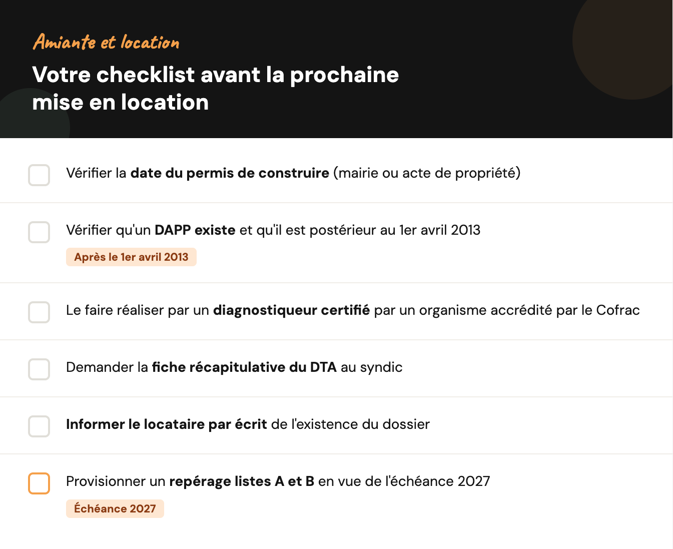 Checklist du propriétaire bailleur avant mise en location pour le diagnostic amiante et le DAPP