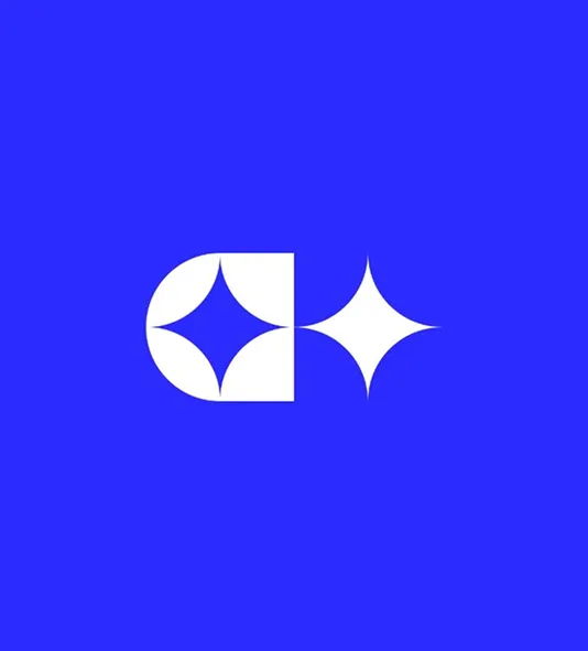 White geometric star shapes on a solid blue background.