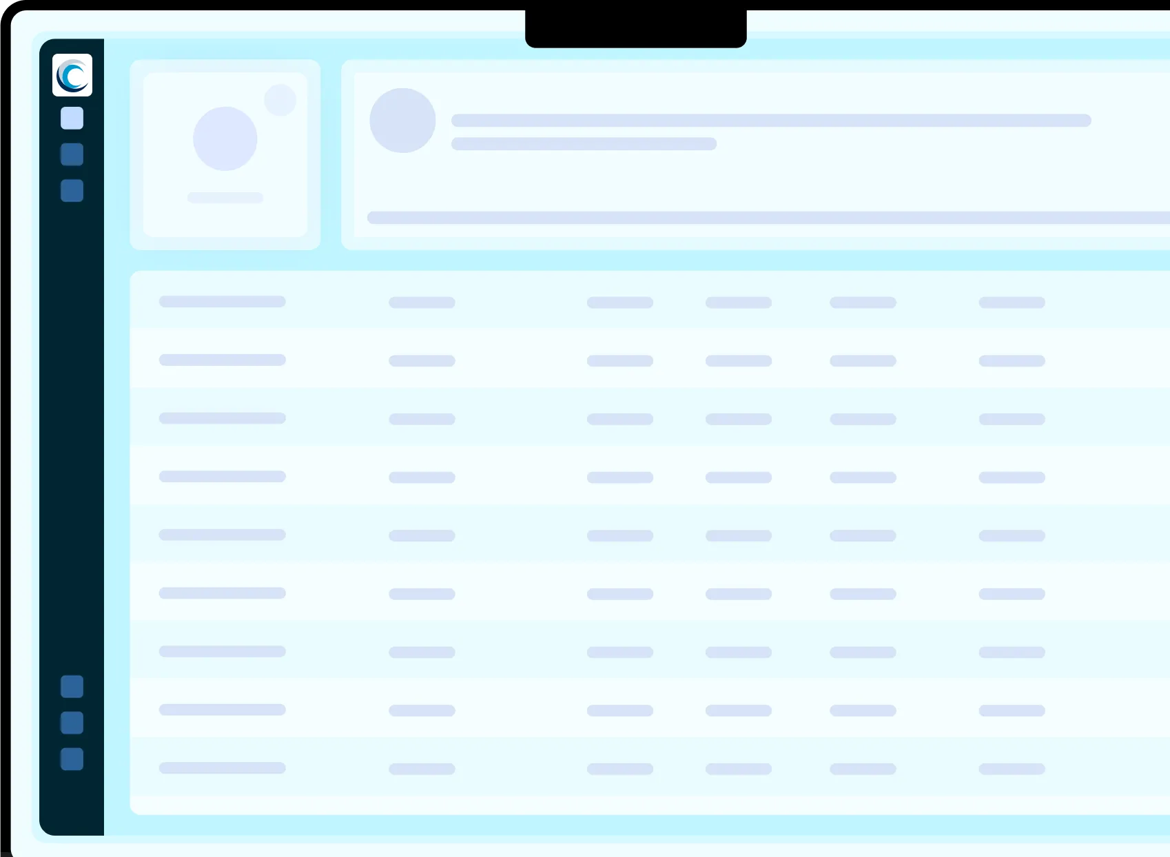 Dashboard interface showing a sidebar and a main panel with rows of blurred data entries.