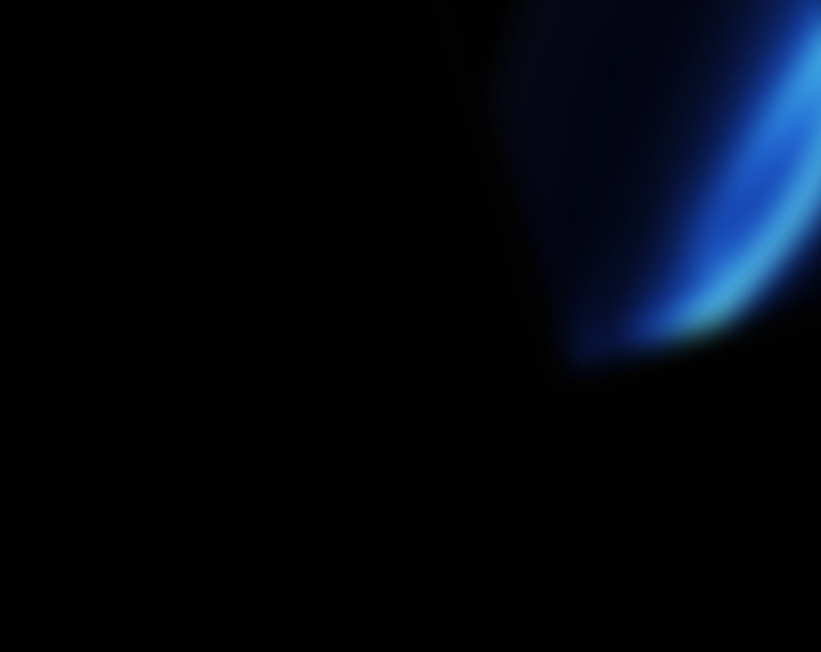 Black background with a blue and white glowing abstract shape on the top right.