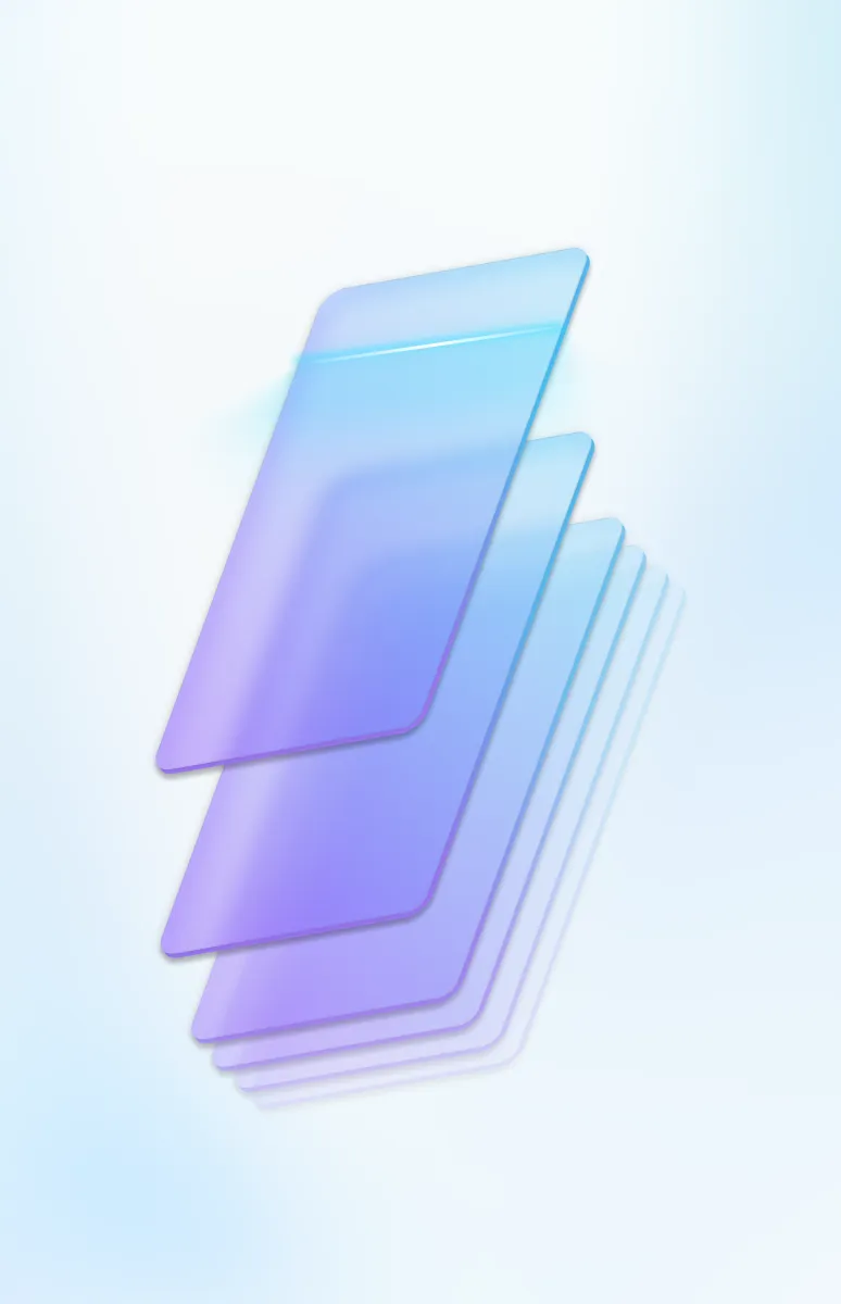 Stack of translucent blue and purple layered rectangles against a light gradient background.