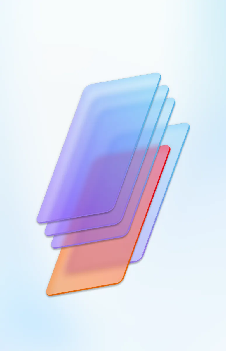 Stack of four translucent rounded rectangles in blue, purple, red, and orange on a light background.
