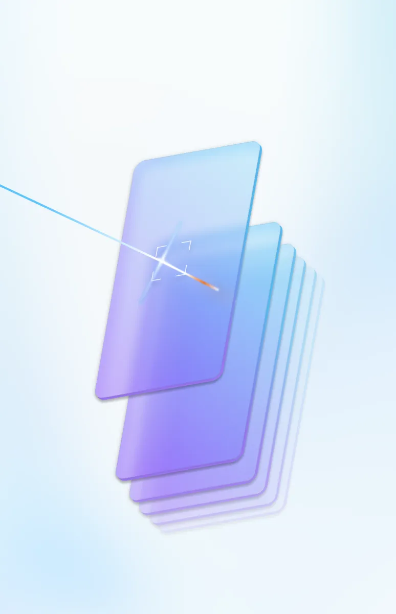 Light beam targeting a stack of translucent blue smartphone screens in a gradient background.