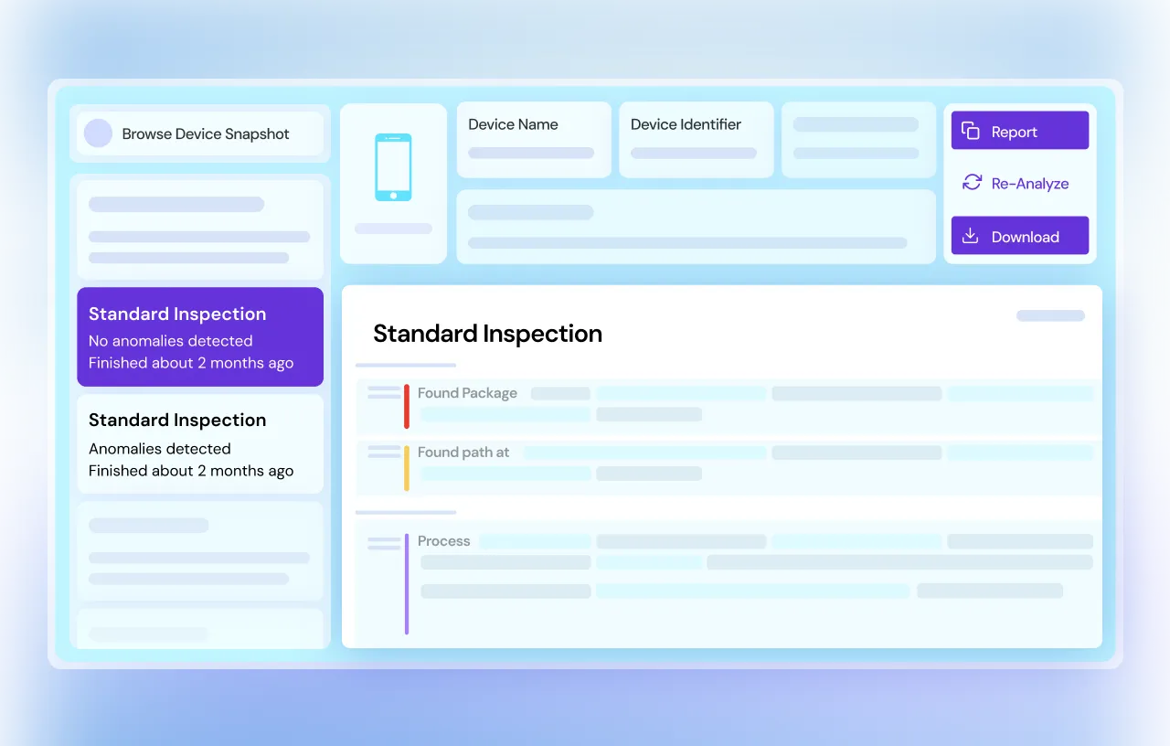 User interface showing device inspection results, options to report, re-analyze, or download data.
