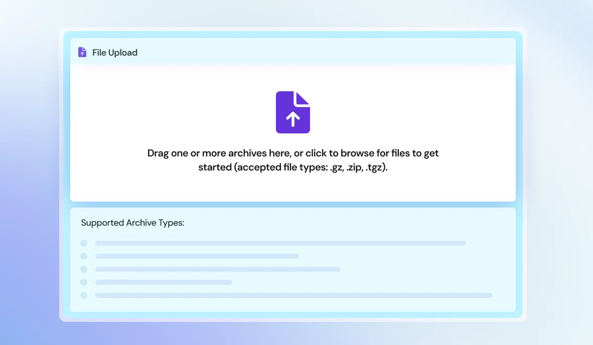 File upload box with drag-and-drop area for .gz, .zip, .tgz files and supported archive types list below.