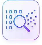 Magnifying glass analyzing binary code digits transforming into squares.