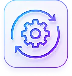Blue gear icon surrounded by circular arrows indicating process or update.
