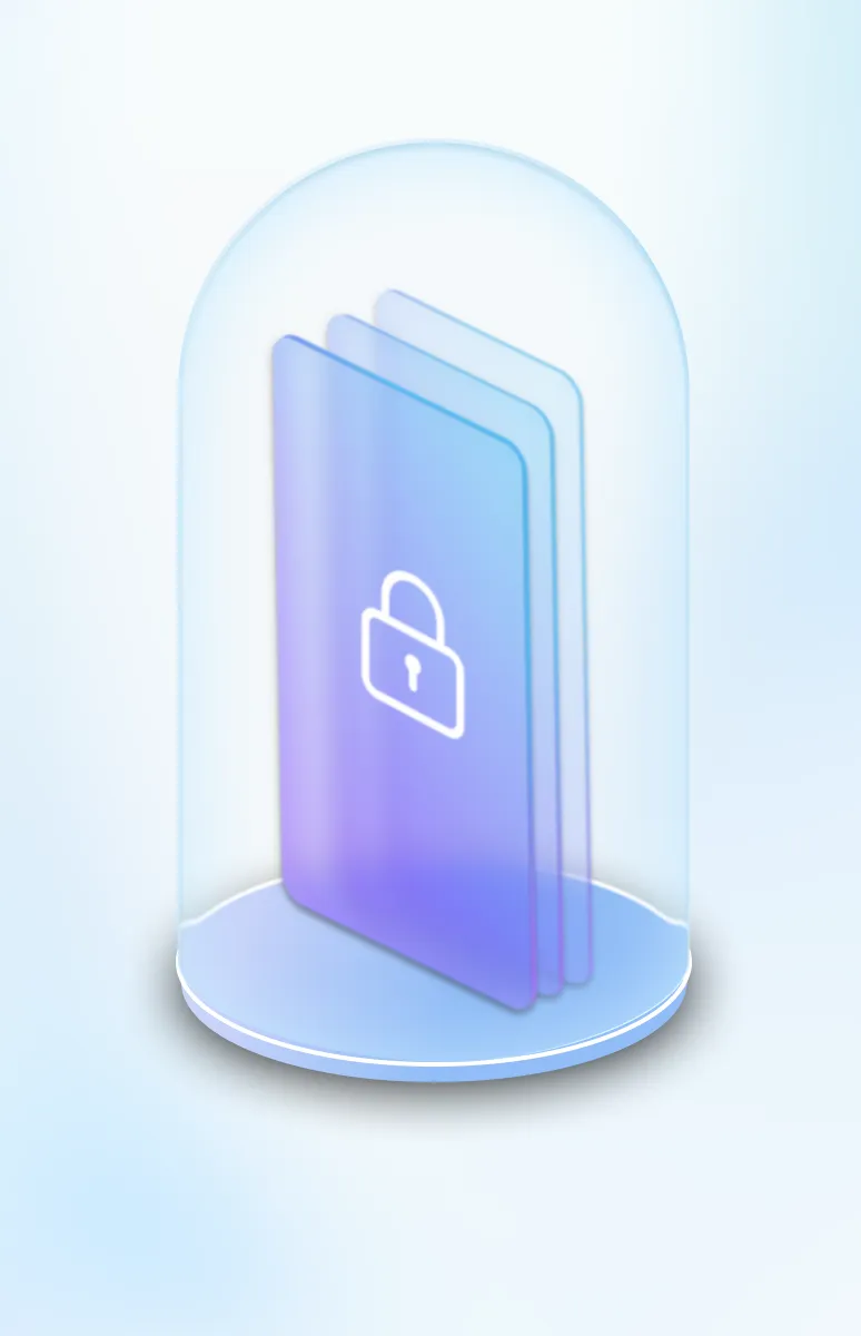 Blue digital files with a lock icon protected under a transparent glass dome.