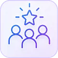 Outline of three people below a star with lines indicating shine or importance.