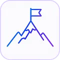 Blue mountain range with a flag planted at the highest peak on a rounded square white background.