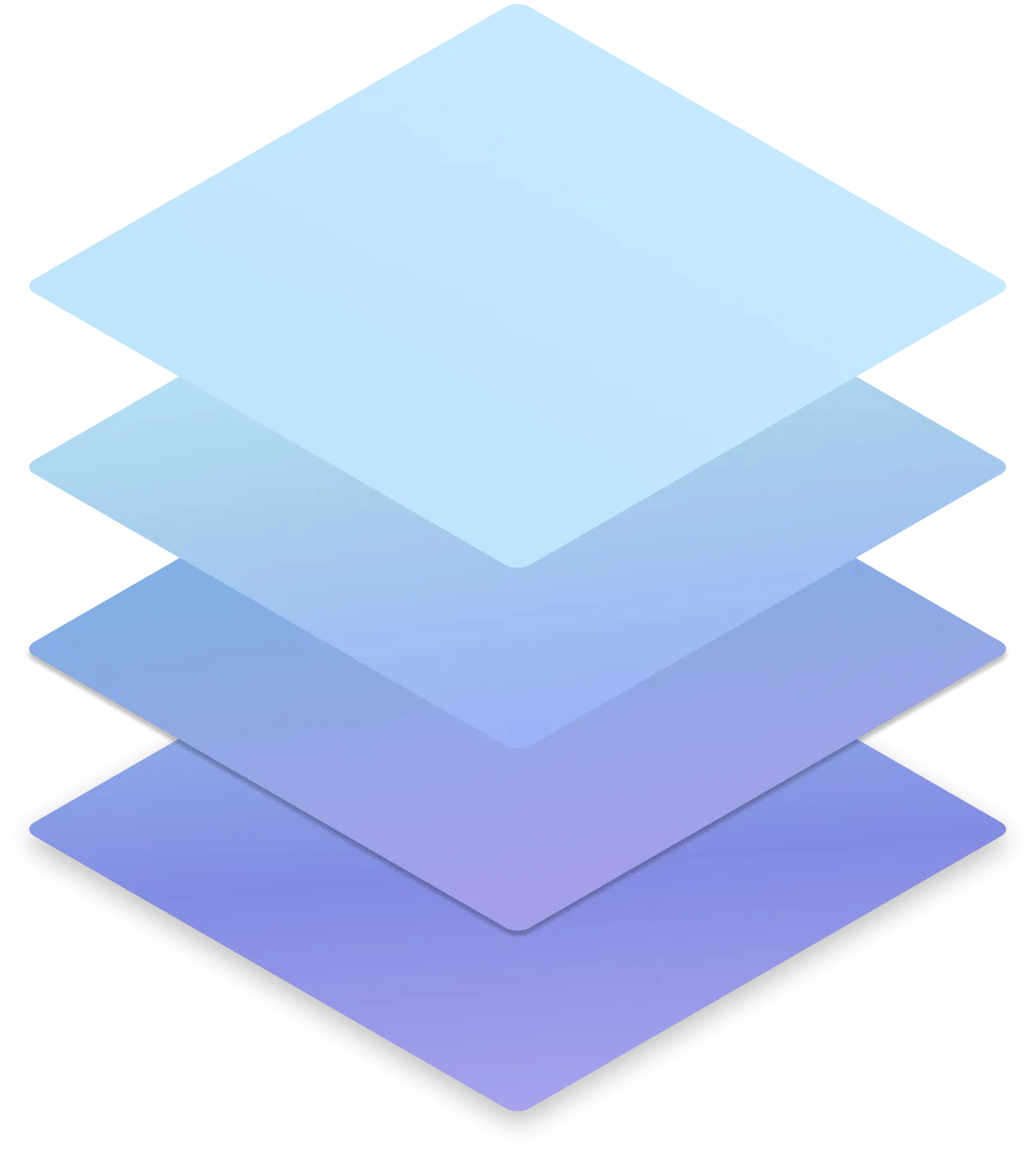 Three translucent rectangles stacked and floating, shaded from light blue to purple.
