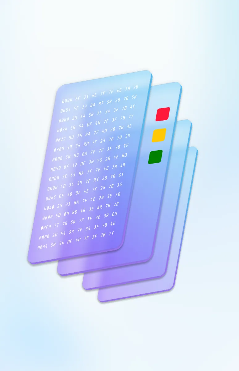 Stack of translucent digital interface cards with lines of code and colored status indicators red, yellow, green.