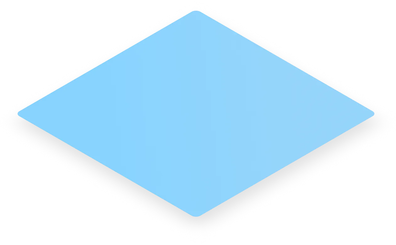 Blue rhombus shape with rounded corners and a drop shadow on a white background.