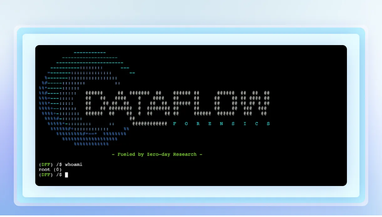 Terminal window displaying 'Digital Forensics' ASCII art and 'whoami' command returning root user.