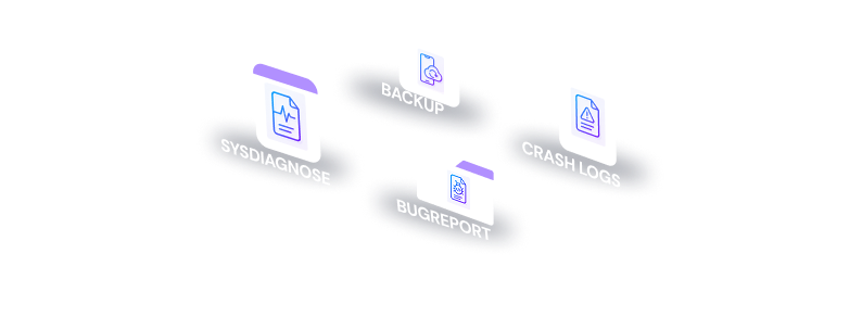 Icons labeled Sysdiagnose, Backup, Crash Logs, and Bugreport on a black background.